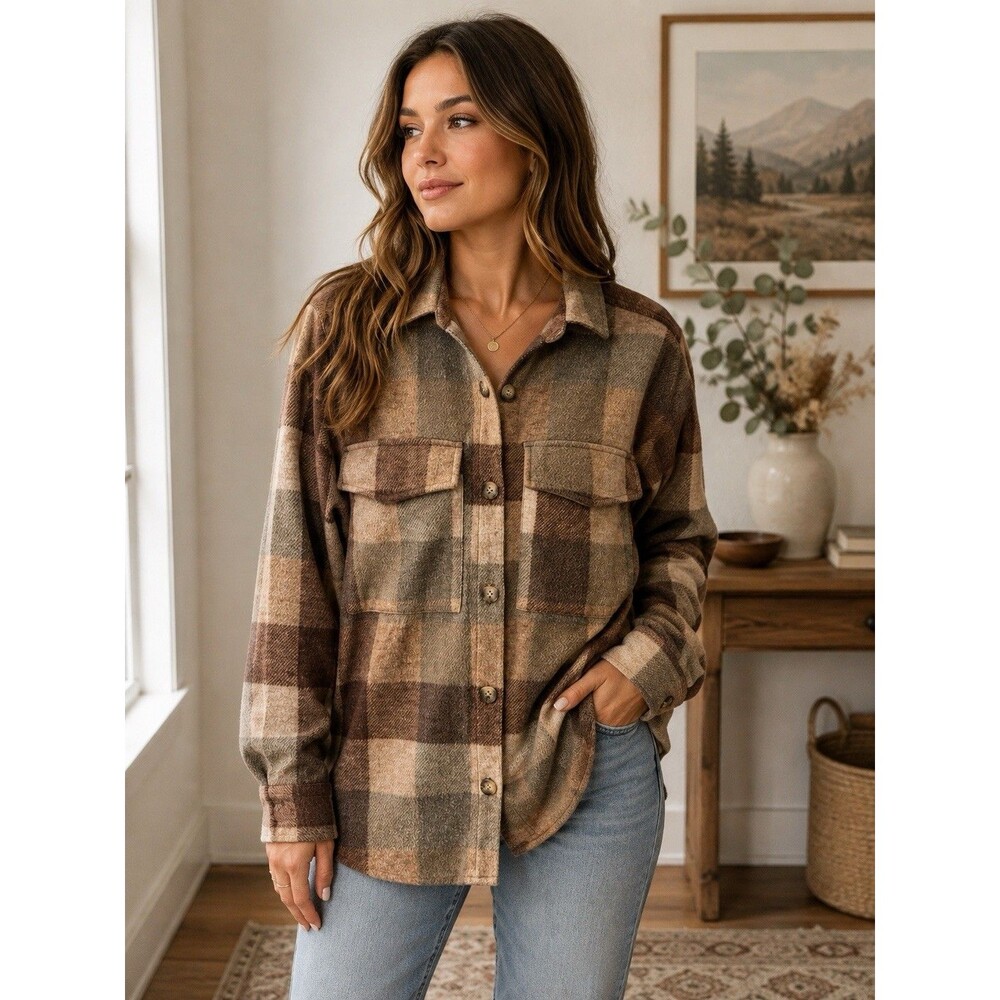 BeachLunchLounge Women’s Size Small Tan Plaid Flannel Shirt Normcore Gorpcore